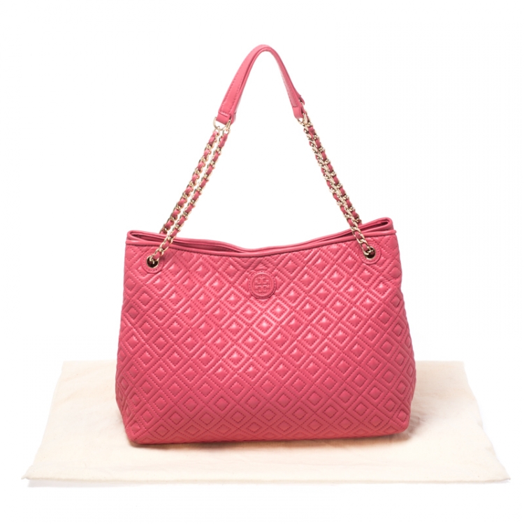 Pre Owned Tory Burch Coral Pink Quilted Leather Marion Chain Tote
