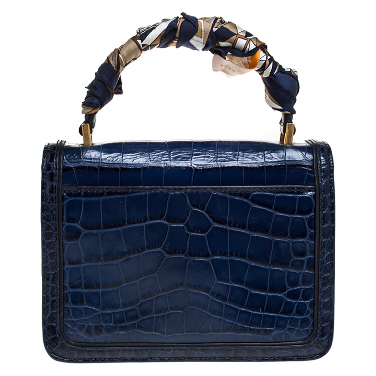Pre Owned Tory Burch Blue Crocodile Embossed Leather Juliette Top Handle Bag