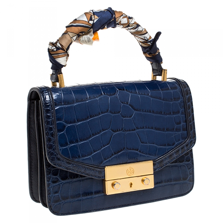 Pre Owned Tory Burch Blue Crocodile Embossed Leather Juliette Top Handle Bag