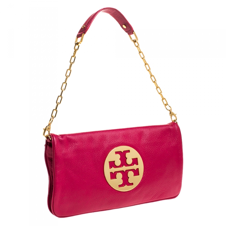 Pre Owned Tory Burch Fuchsia Leather Reva Logo Shoulder Bag