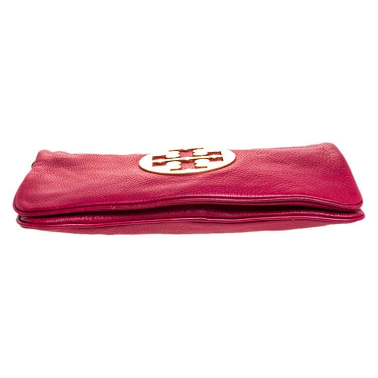 Pre Owned Tory Burch Fuchsia Leather Reva Logo Shoulder Bag