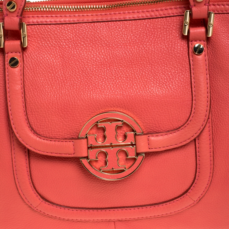 Pre Owned Tory Burch Coral Leather Amanda Double Zip Tote