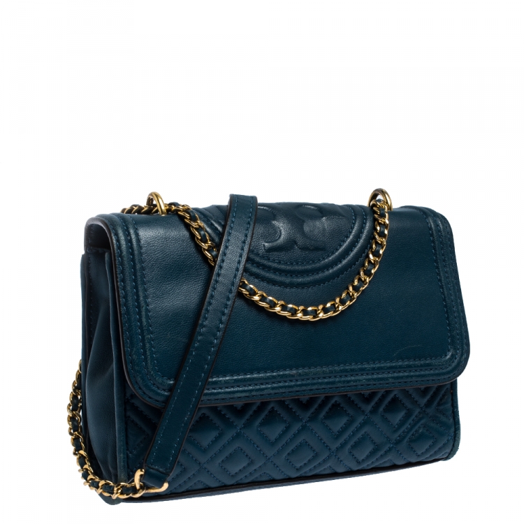 Pre Owned Tory Burch Blue Leather Medium Fleming Shoulder Bag