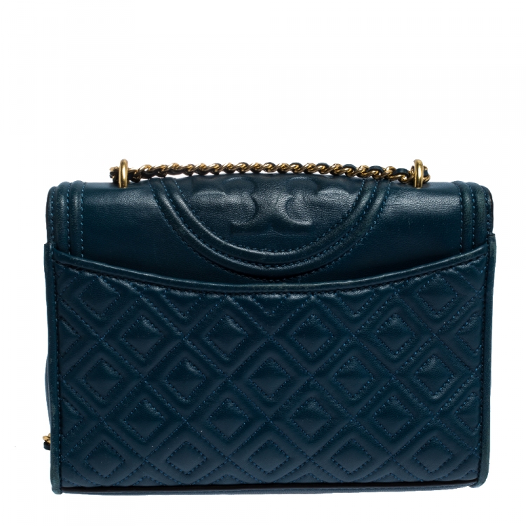 Pre Owned Tory Burch Blue Leather Medium Fleming Shoulder Bag