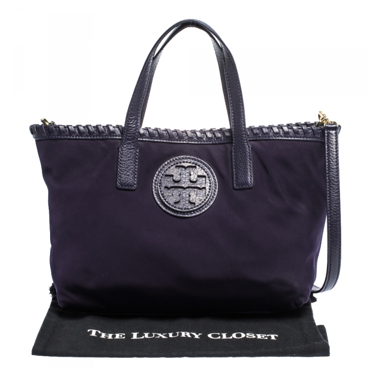 Pre Owned Tory Burch Purple Nylon and Leather Logo Tote