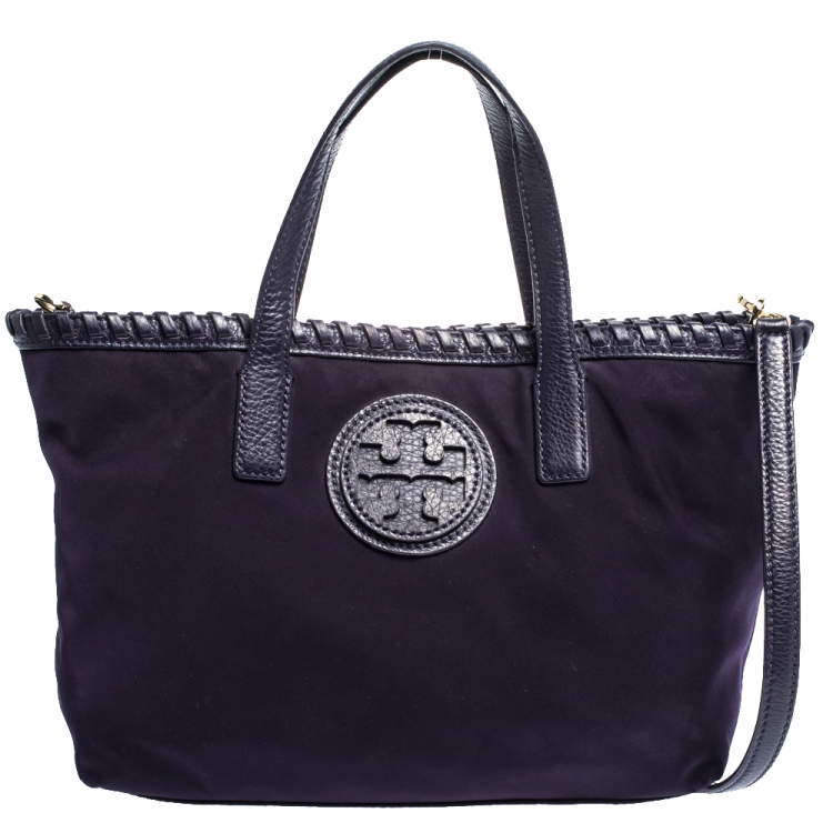 Pre Owned Tory Burch Purple Nylon and Leather Logo Tote