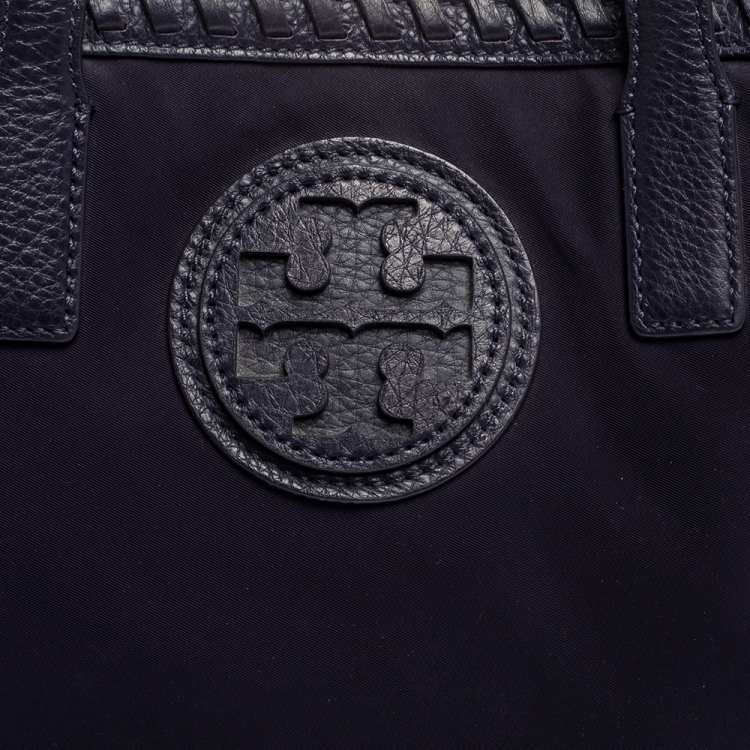 Pre Owned Tory Burch Purple Nylon and Leather Logo Tote