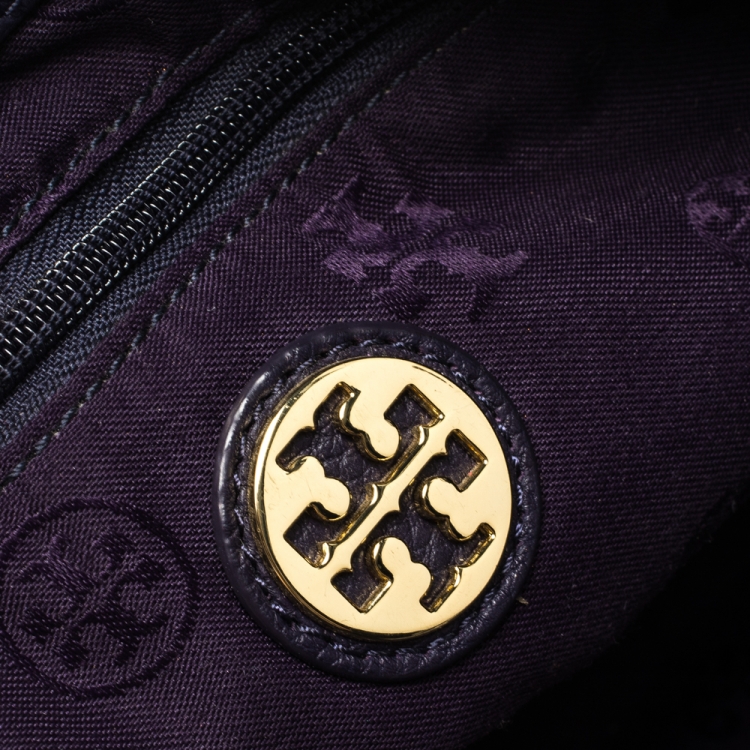 Pre Owned Tory Burch Purple Nylon and Leather Logo Tote