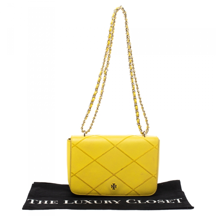 Pre Owned Tory Burch Yellow Leather Stitched Robinson Shoulder Bag