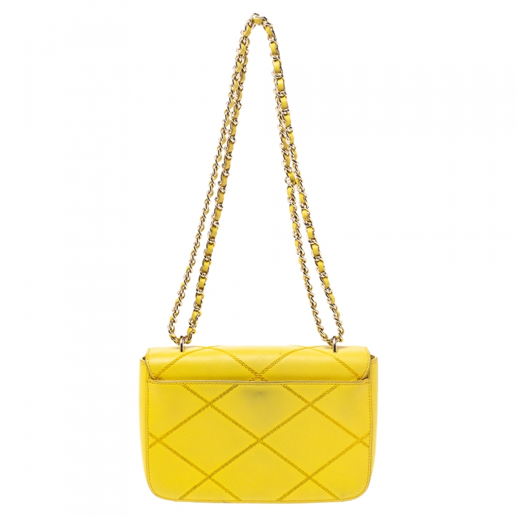 Pre Owned Tory Burch Yellow Leather Stitched Robinson Shoulder Bag