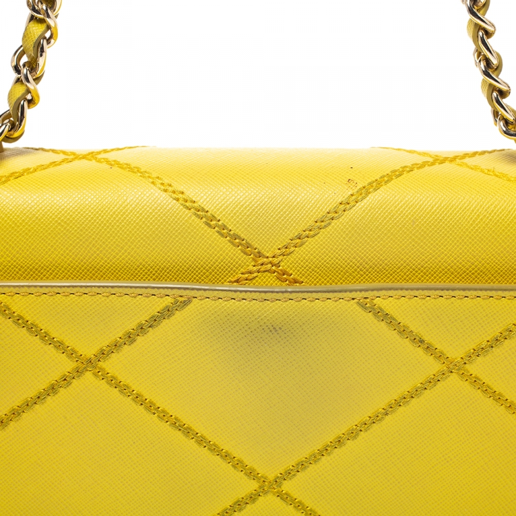 Pre Owned Tory Burch Yellow Leather Stitched Robinson Shoulder Bag