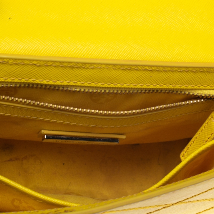 Pre Owned Tory Burch Yellow Leather Stitched Robinson Shoulder Bag