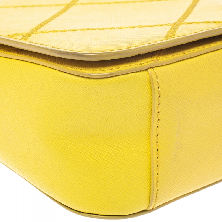 Pre Owned Tory Burch Yellow Leather Stitched Robinson Shoulder Bag