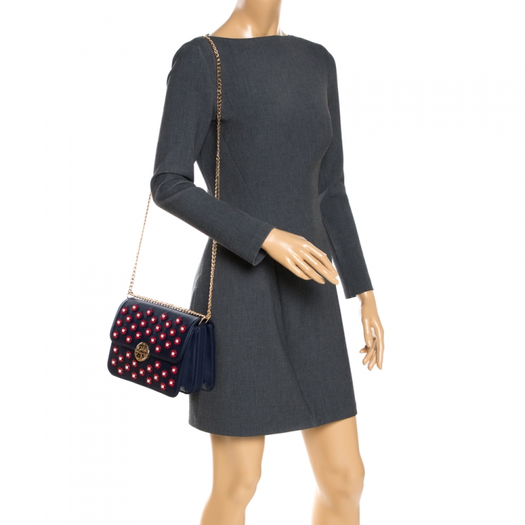 Pre Owned Tory Burch Blue Leather Duet Chain Embellished Shoulder Bag