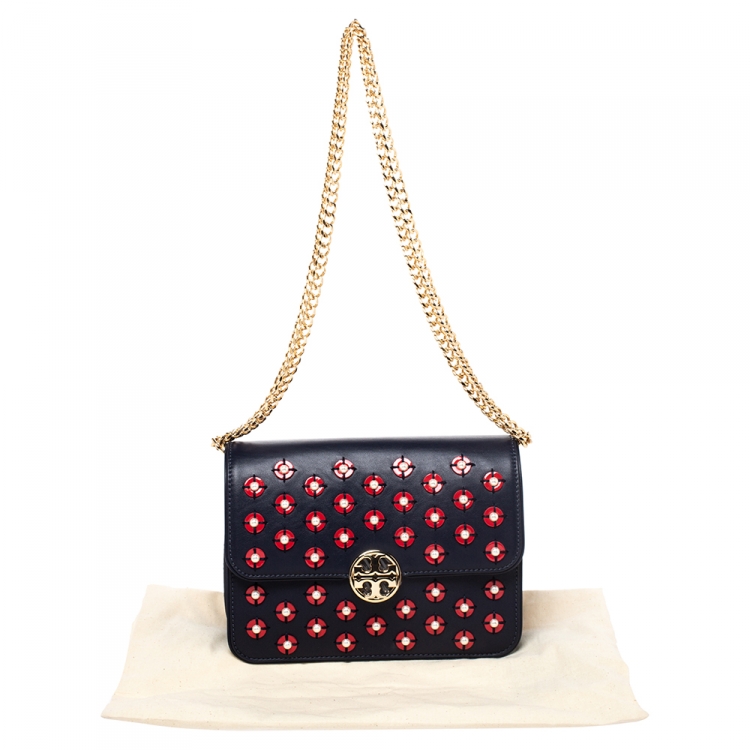 Pre Owned Tory Burch Blue Leather Duet Chain Embellished Shoulder Bag