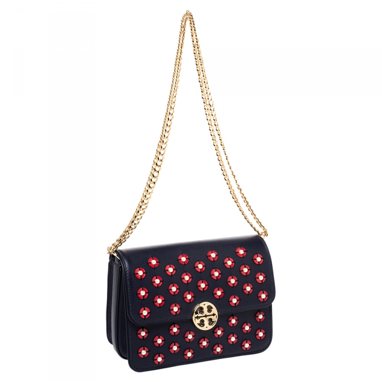 Pre Owned Tory Burch Blue Leather Duet Chain Embellished Shoulder Bag