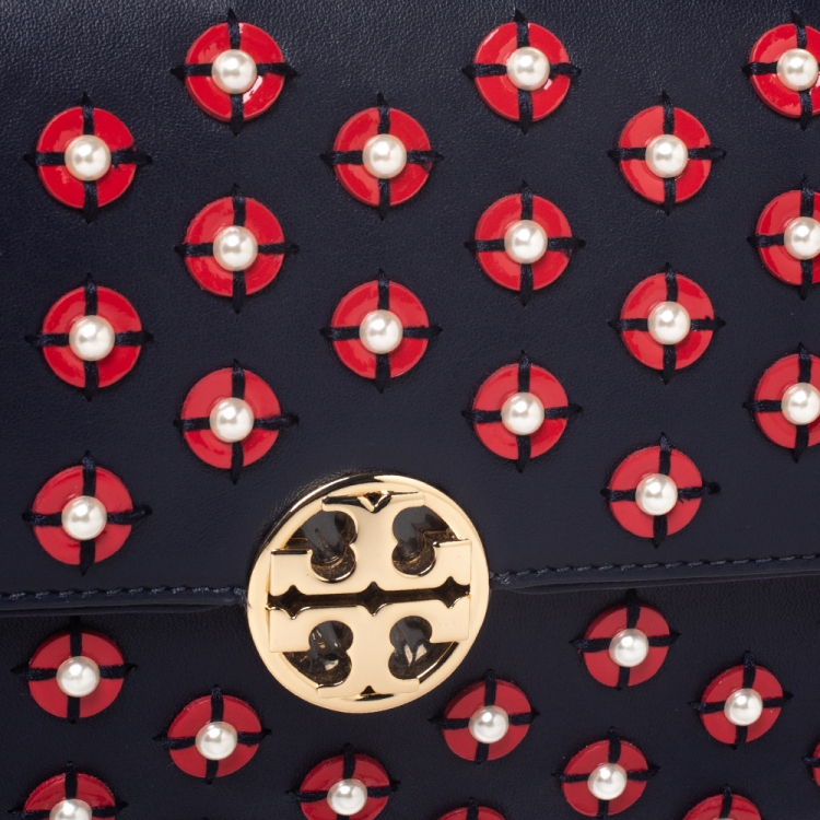 Pre Owned Tory Burch Blue Leather Duet Chain Embellished Shoulder Bag