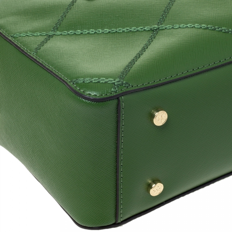Pre Owned Tory Burch Green Stitched Leather Robinson Satchel
