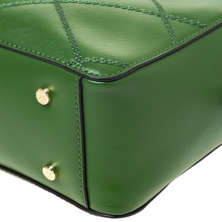 Pre Owned Tory Burch Green Stitched Leather Robinson Satchel