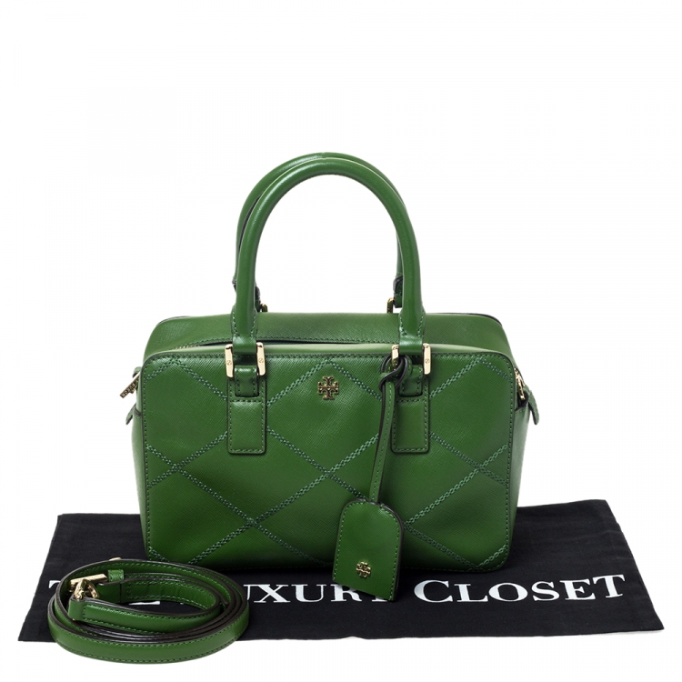 Pre Owned Tory Burch Green Stitched Leather Robinson Satchel