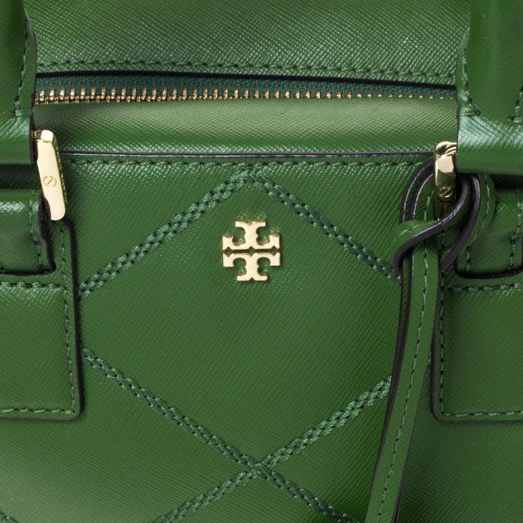 Pre Owned Tory Burch Green Stitched Leather Robinson Satchel