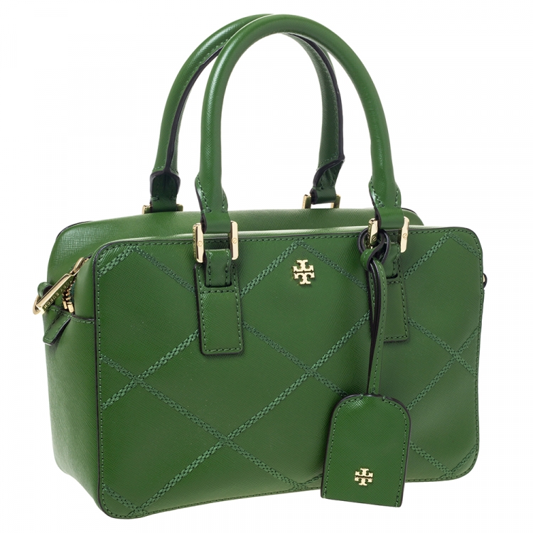 Pre Owned Tory Burch Green Stitched Leather Robinson Satchel