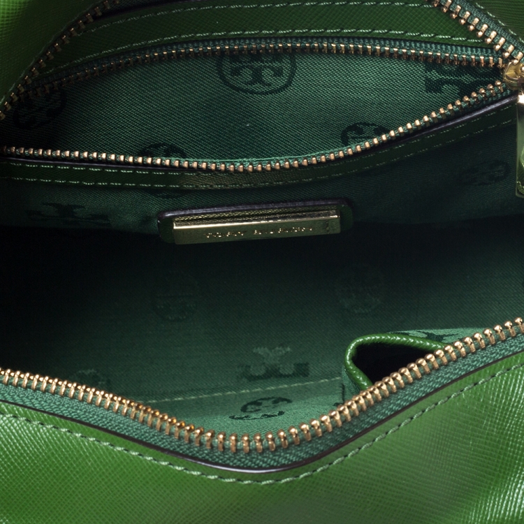 Pre Owned Tory Burch Green Stitched Leather Robinson Satchel