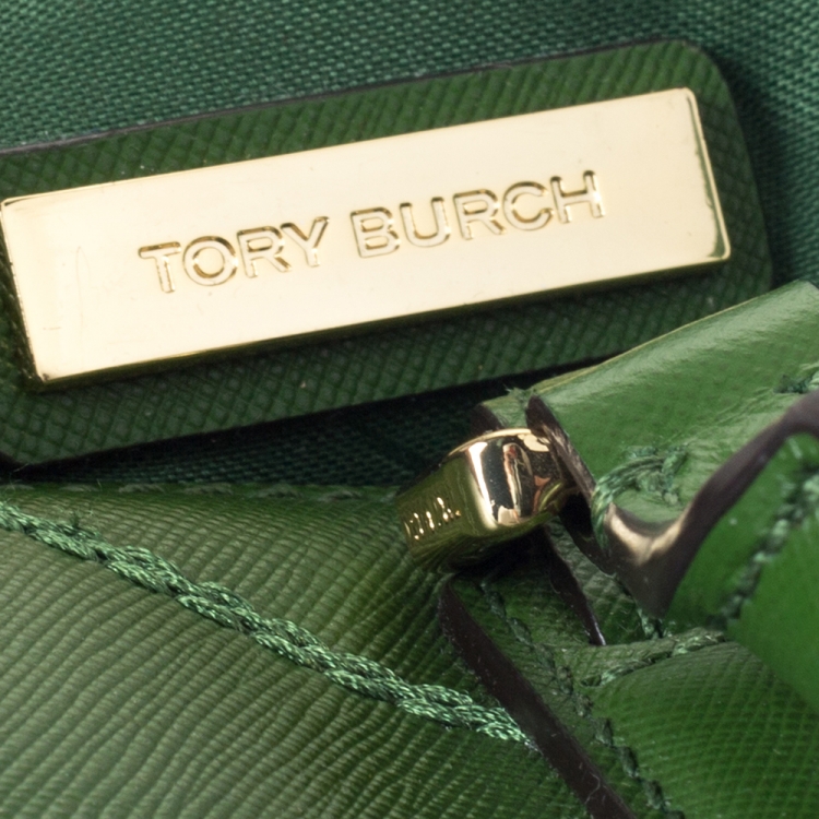 Pre Owned Tory Burch Green Stitched Leather Robinson Satchel