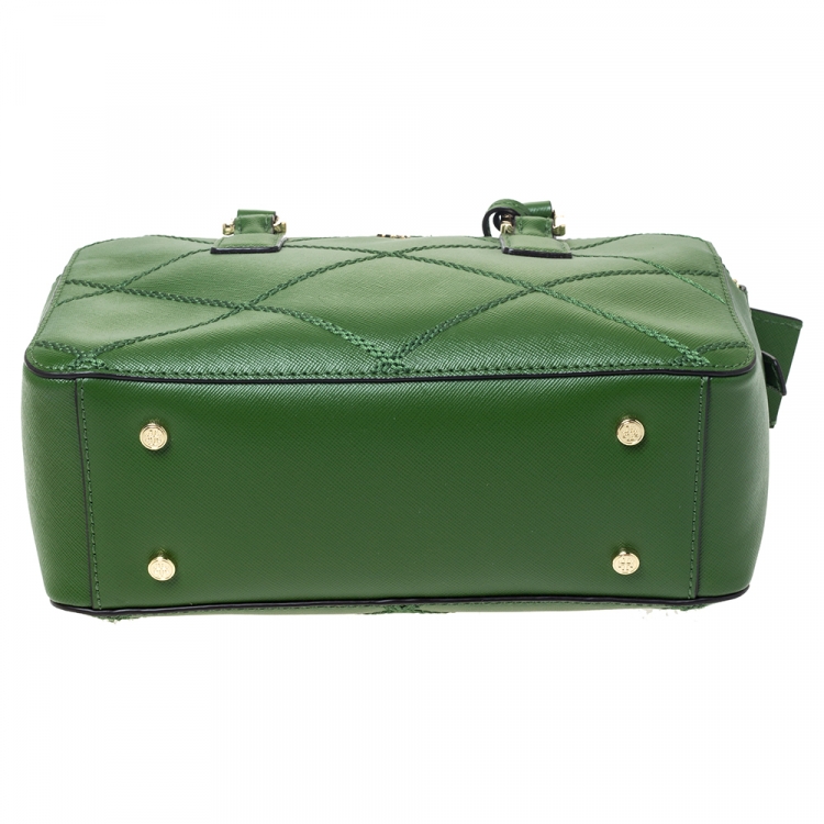 Pre Owned Tory Burch Green Stitched Leather Robinson Satchel