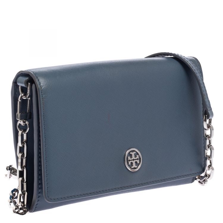 Pre Owned Tory Burch Blue Saffiano Leather Robinson Wallet on Chain