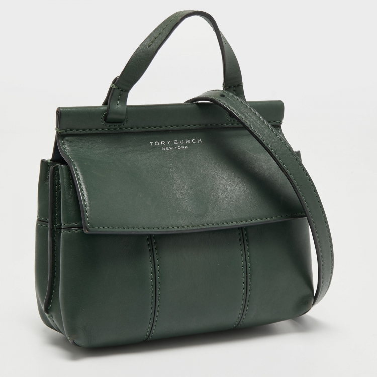 Pre Owned Tory Burch Green Leather Mini Block T Crossbody Bag