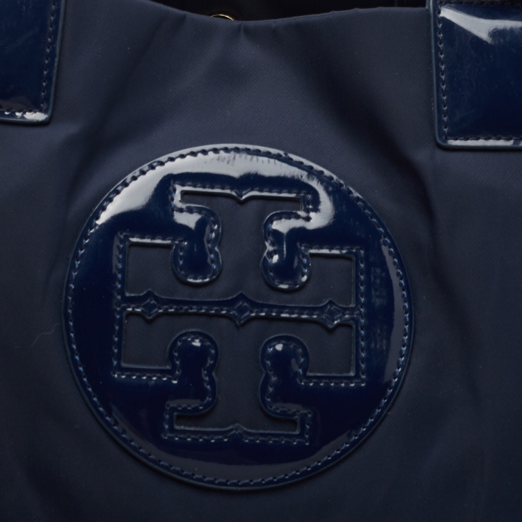 Pre Owned Tory Burch Navy Blue Nylon and Patent Leather Ella Tote
