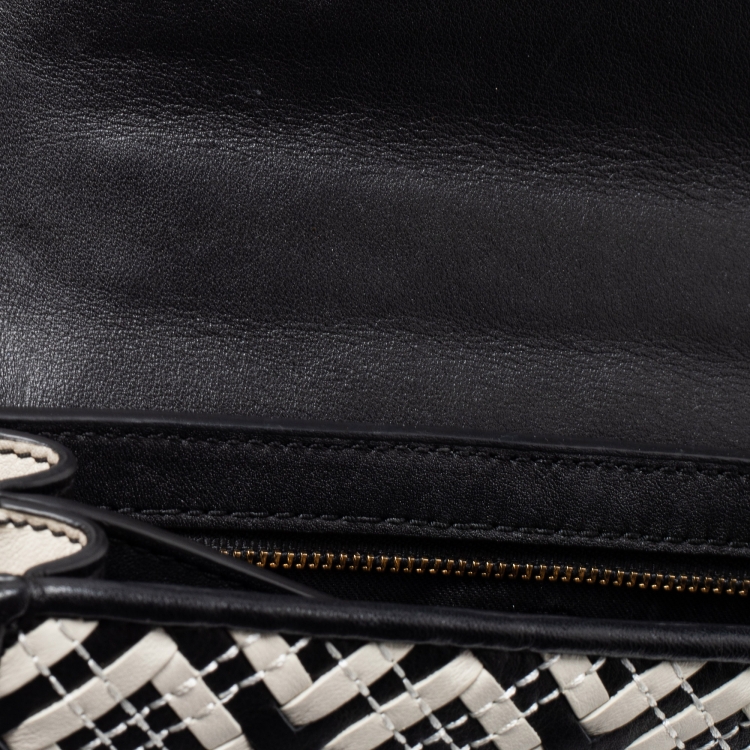 Pre Owned Tory Burch Black/White Woven Leather Robinson Chain Shoulder Bag