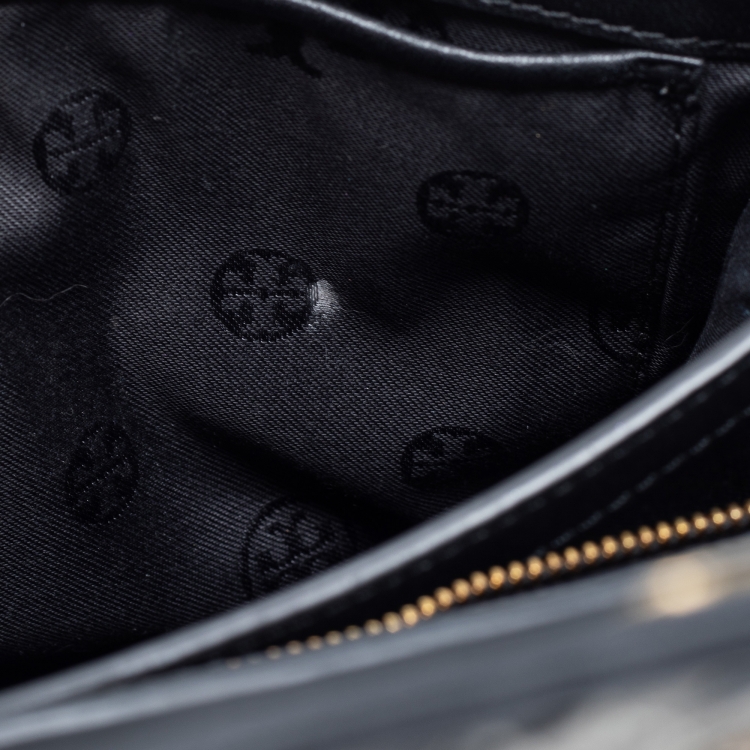 Pre Owned Tory Burch Black/White Woven Leather Robinson Chain Shoulder Bag