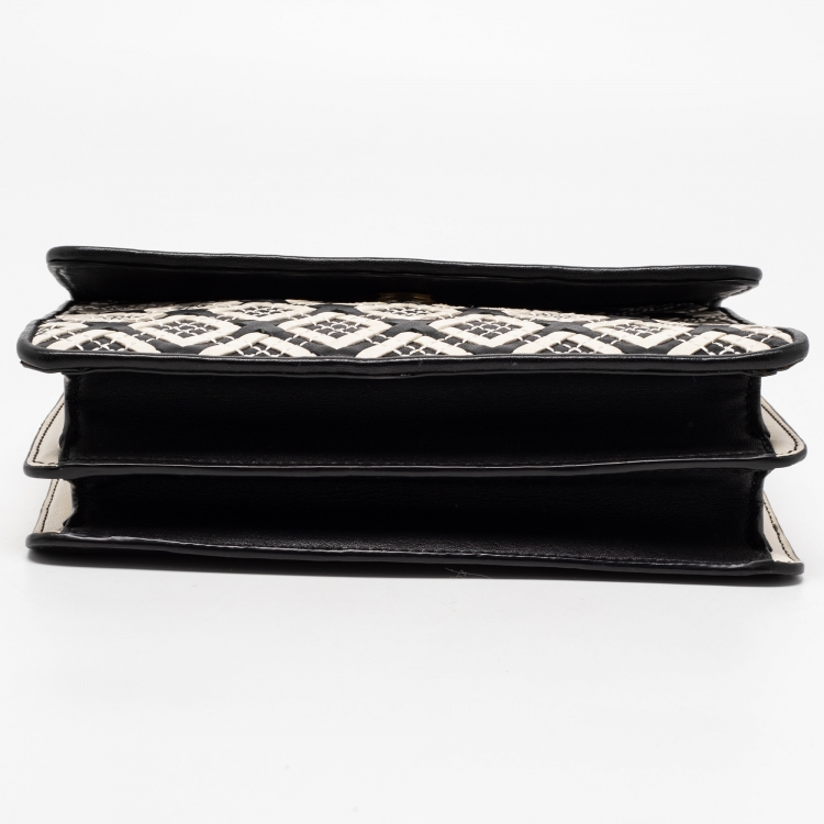 Pre Owned Tory Burch Black/White Woven Leather Robinson Chain Shoulder Bag