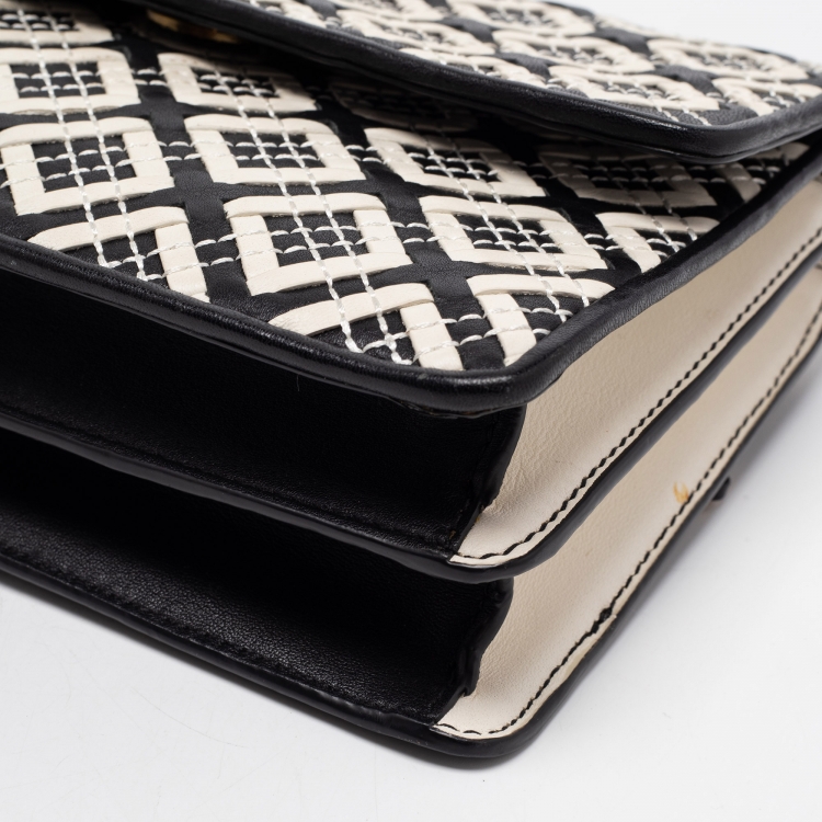 Pre Owned Tory Burch Black/White Woven Leather Robinson Chain Shoulder Bag