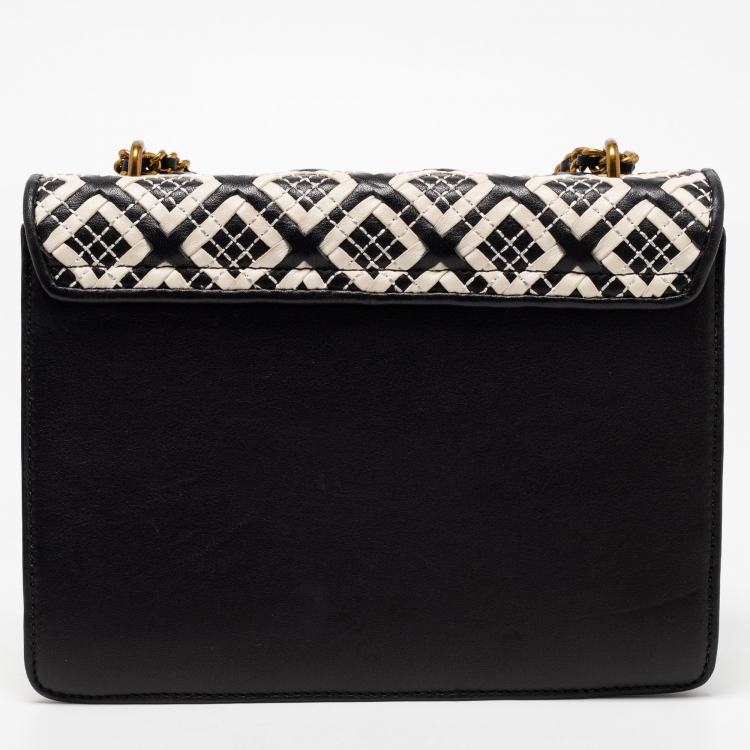 Pre Owned Tory Burch Black/White Woven Leather Robinson Chain Shoulder Bag