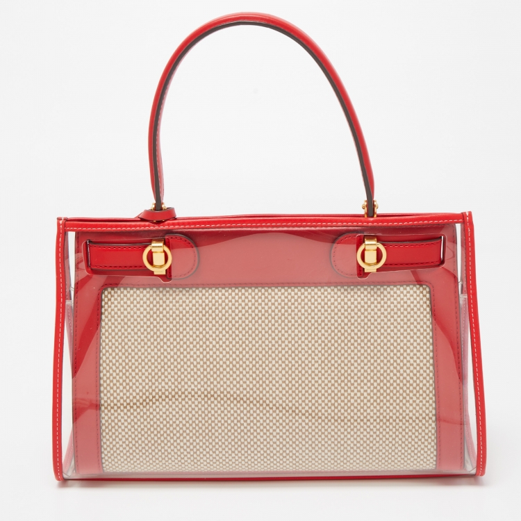 Pre Owned Tory Burch Red/Beige Leather and Canvas Lee Radziwill Top Handle Bag with Rain Cover