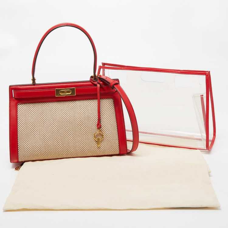 Pre Owned Tory Burch Red/Beige Leather and Canvas Lee Radziwill Top Handle Bag with Rain Cover