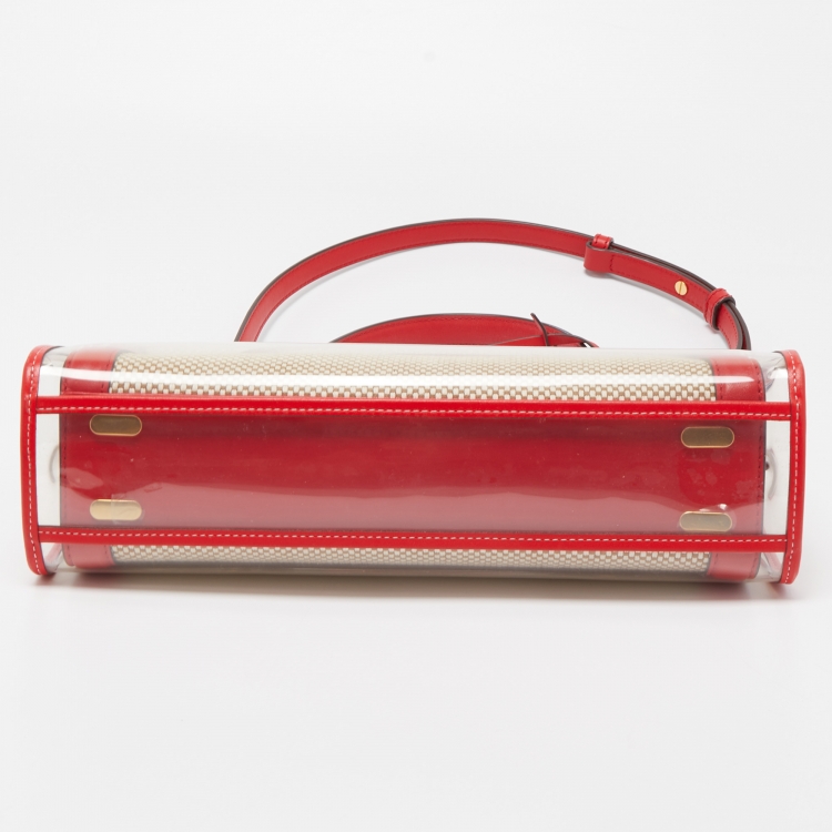 Pre Owned Tory Burch Red/Beige Leather and Canvas Lee Radziwill Top Handle Bag with Rain Cover