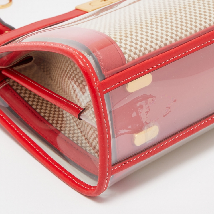 Pre Owned Tory Burch Red/Beige Leather and Canvas Lee Radziwill Top Handle Bag with Rain Cover