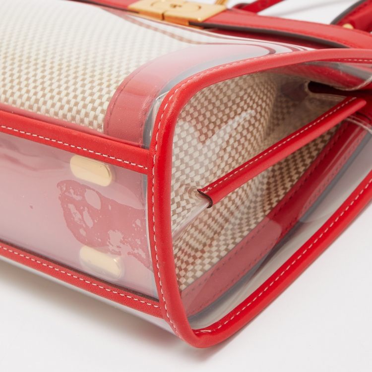 Pre Owned Tory Burch Red/Beige Leather and Canvas Lee Radziwill Top Handle Bag with Rain Cover