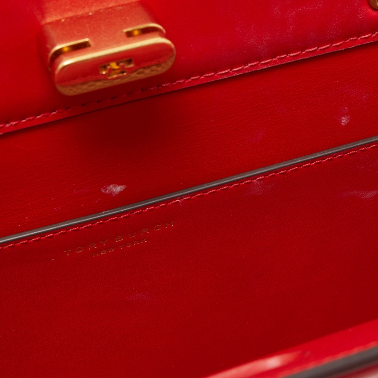 Pre Owned Tory Burch Red/Beige Leather and Canvas Lee Radziwill Top Handle Bag with Rain Cover