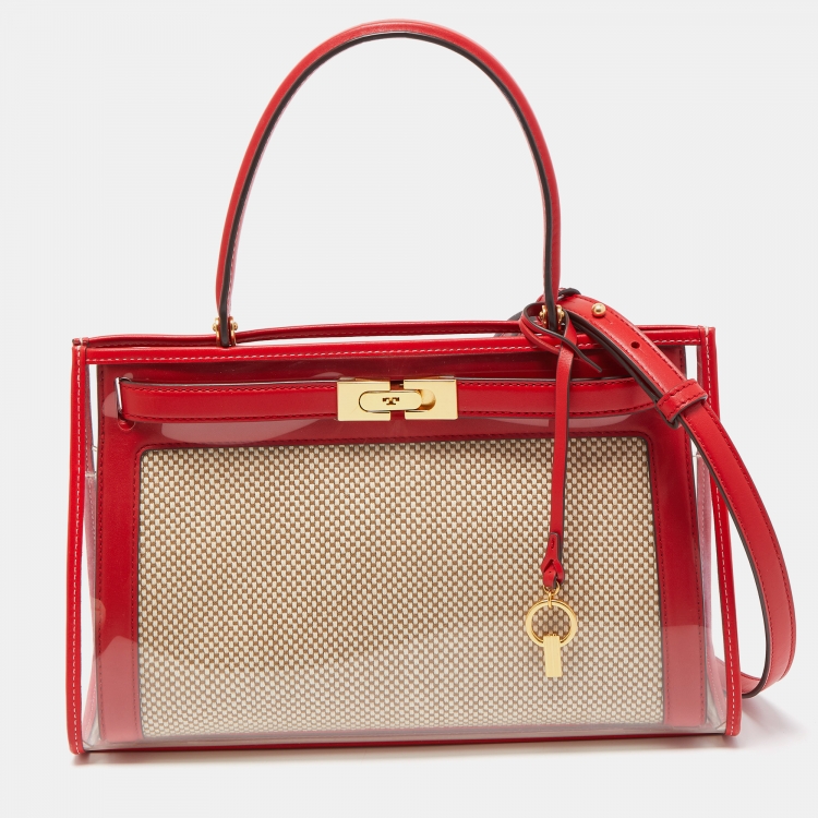 Tory Burch Red Beige Leather and Canvas Lee Radziwill Top Handle Bag with Rain Cover Tory Burch The Luxury Closet