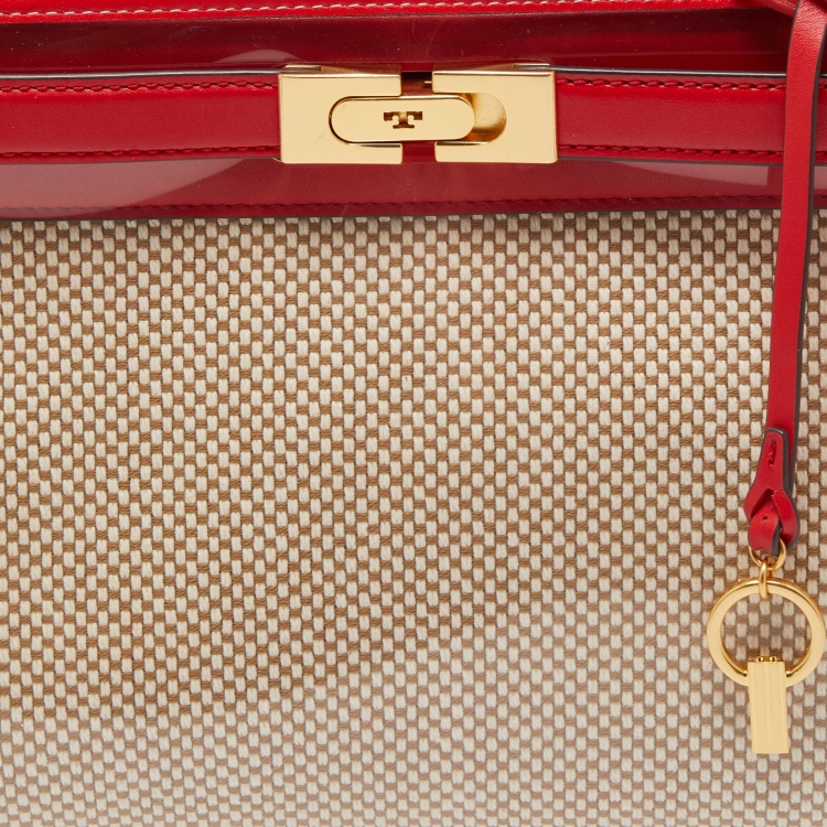 Pre Owned Tory Burch Red/Beige Leather and Canvas Lee Radziwill Top Handle Bag with Rain Cover