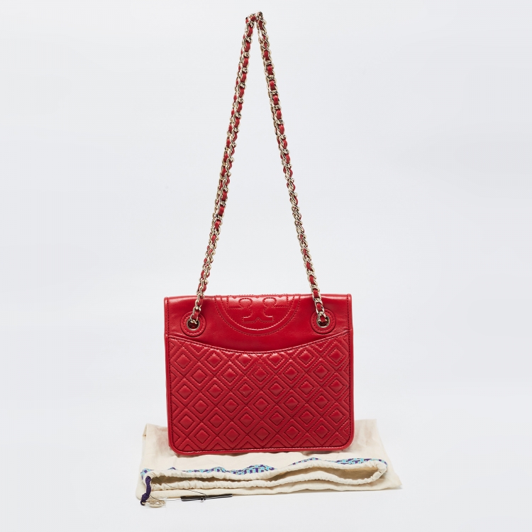 Pre Owned Tory Burch Red Leather Medium Fleming Shoulder Bag