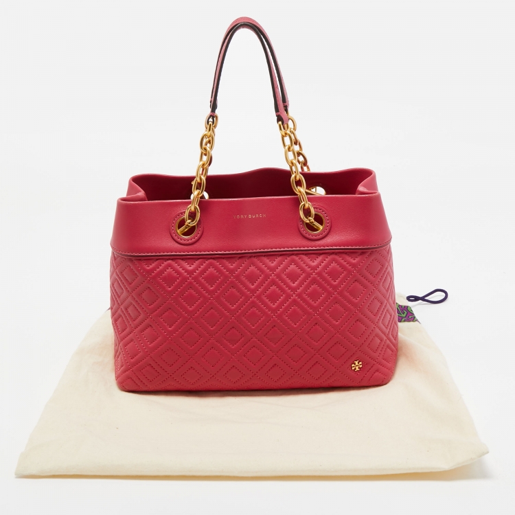 Pre Owned Tory Burch Dark Pink Quilted Leather Fleming Tote