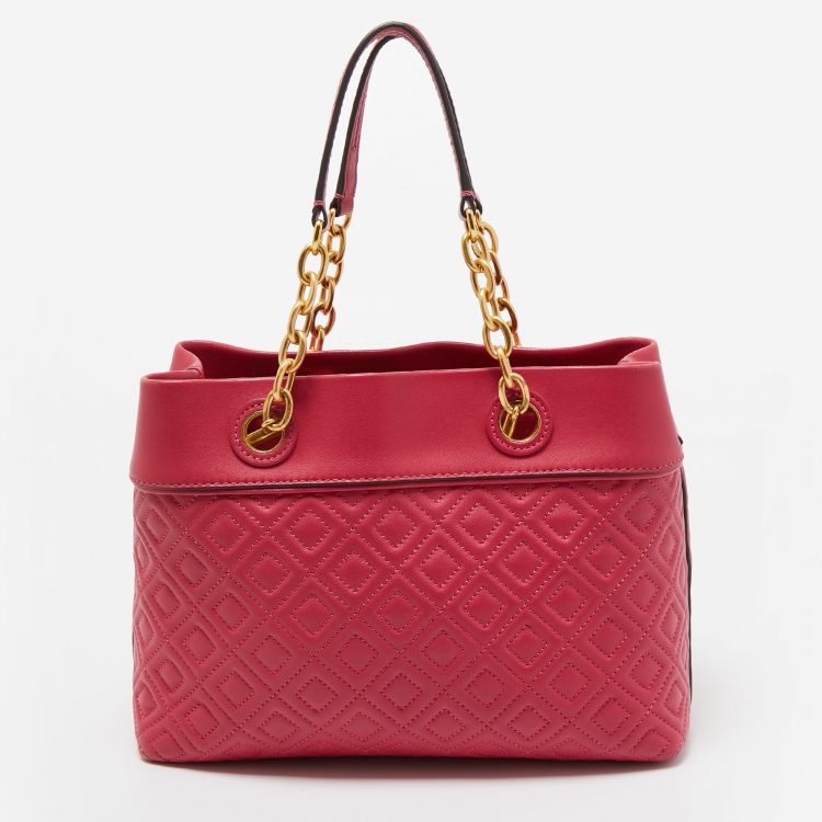 Pre Owned Tory Burch Dark Pink Quilted Leather Fleming Tote