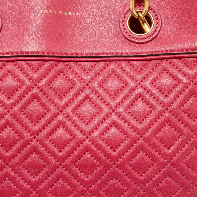 Pre Owned Tory Burch Dark Pink Quilted Leather Fleming Tote
