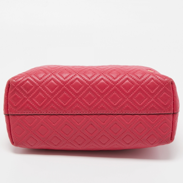 Pre Owned Tory Burch Dark Pink Quilted Leather Fleming Tote